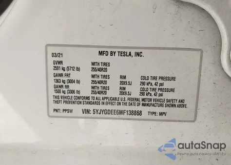 2021 Tesla Model Y Long Range Dual Motor All-Wheel Drive из США, поврежденный, VIN 5YJYGDEE6MF138868